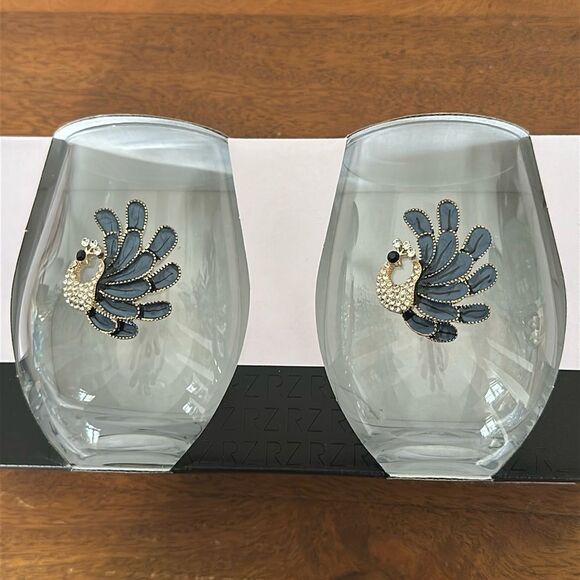 Rachel Zoe Crystal Embellished Peacock Stemless Wine Glasses! - Picture 8 of 10